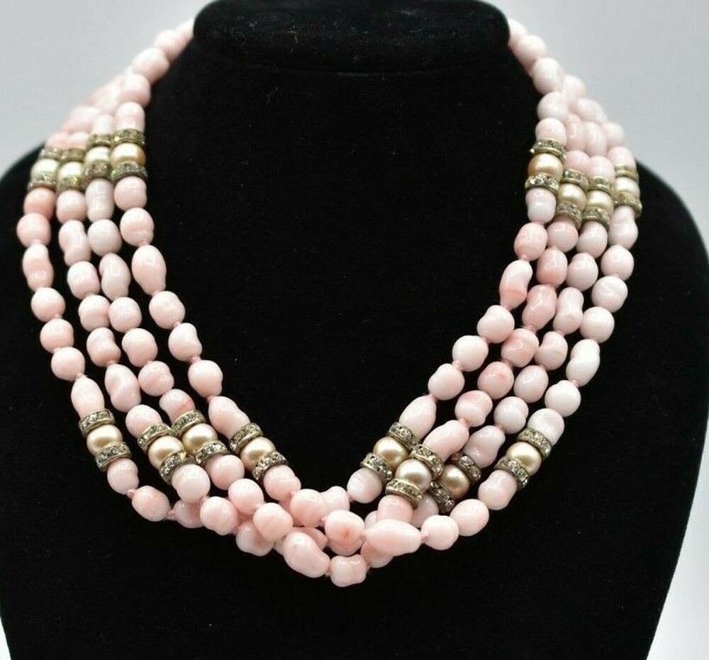 Donald Stannard Vintage Pink Art Glass Necklace Crystal Pearl Signed 1970s BinA